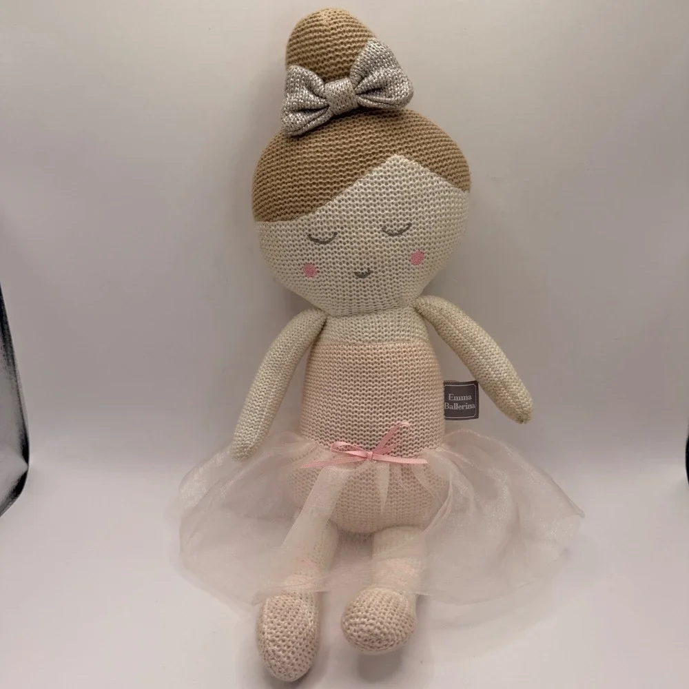 Emma Ballerina Knit‎ Plush Doll Pink Tulle Tutu Silver Bow Nursery Rattle Toy